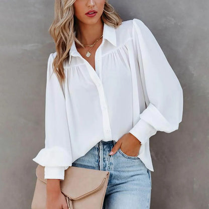 Gathered Chiffon Button Down Blouse with Long Sleeves
