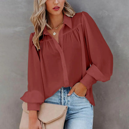 Gathered Chiffon Button Down Blouse with Long Sleeves