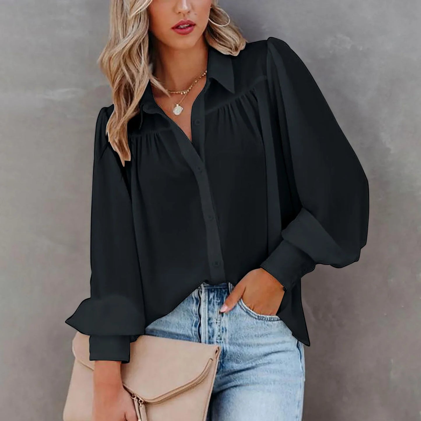 Gathered Chiffon Button Down Blouse with Long Sleeves
