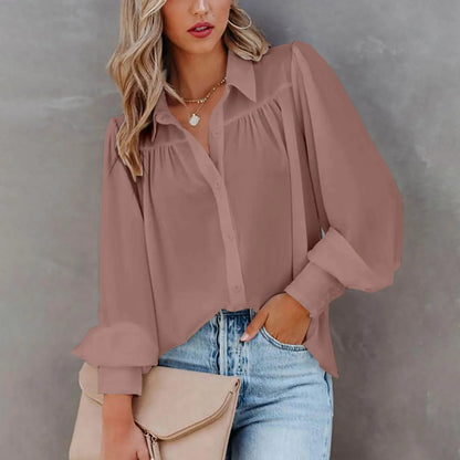 Gathered Chiffon Button Down Blouse with Long Sleeves
