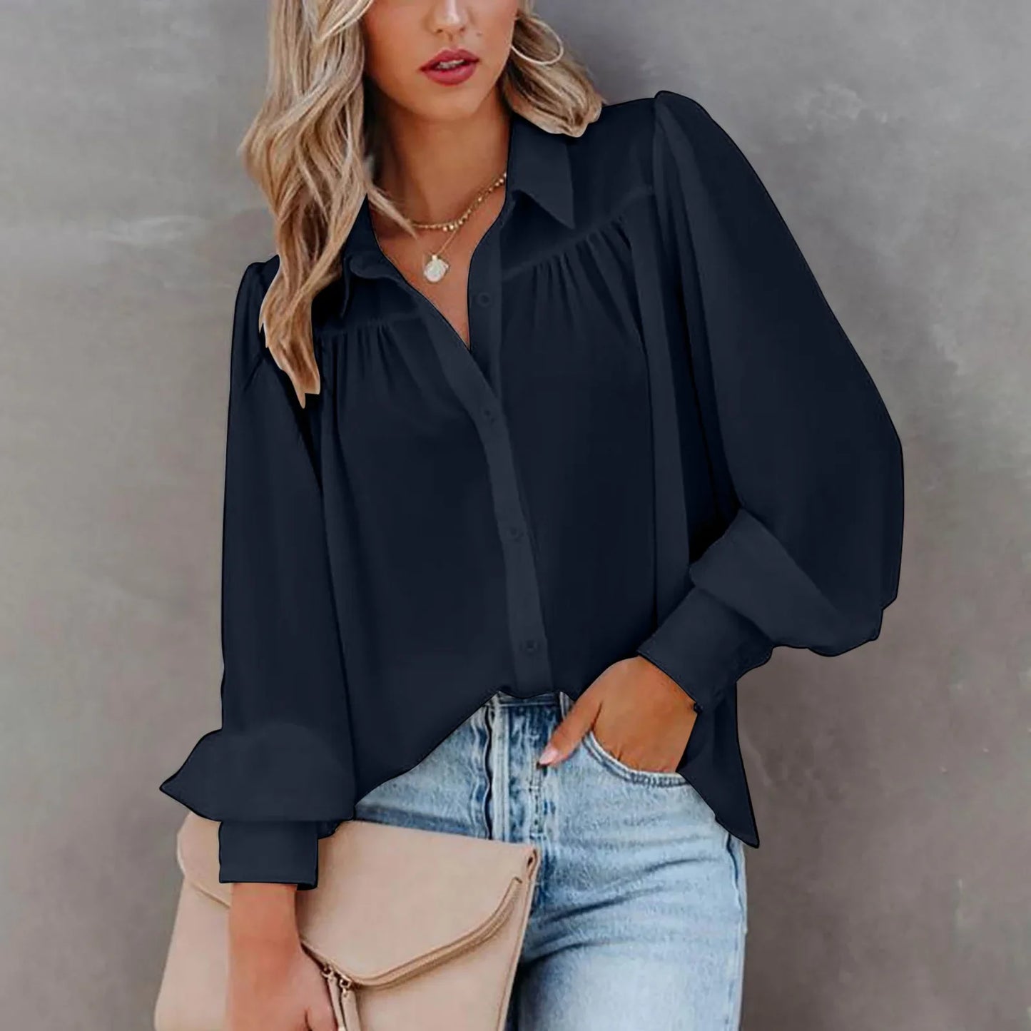 Gathered Chiffon Button Down Blouse with Long Sleeves