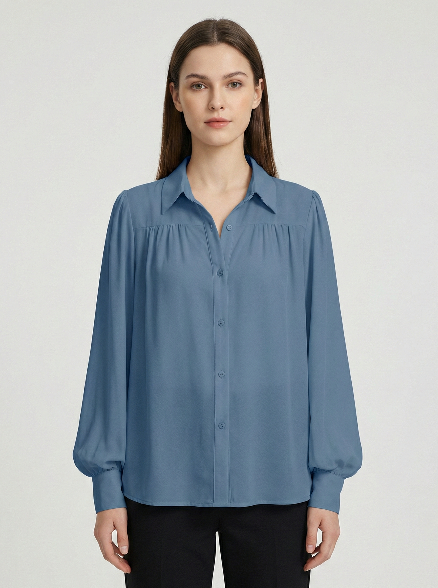 Gathered Chiffon Button Down Blouse with Long Sleeves