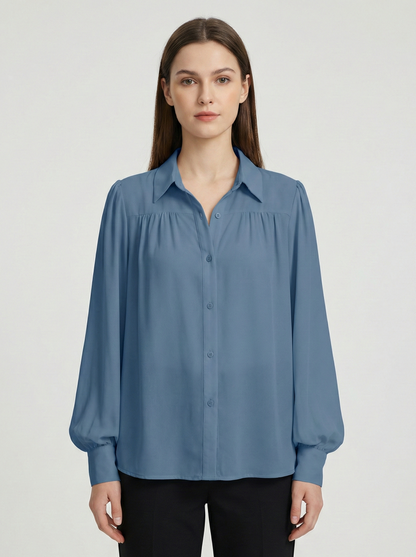 Gathered Chiffon Button Down Blouse with Long Sleeves