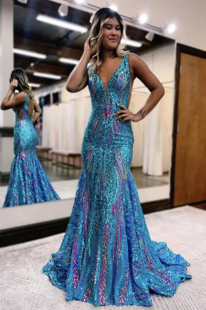 Violet | Sequin Open Back V Neck Mermaid Prom Dress