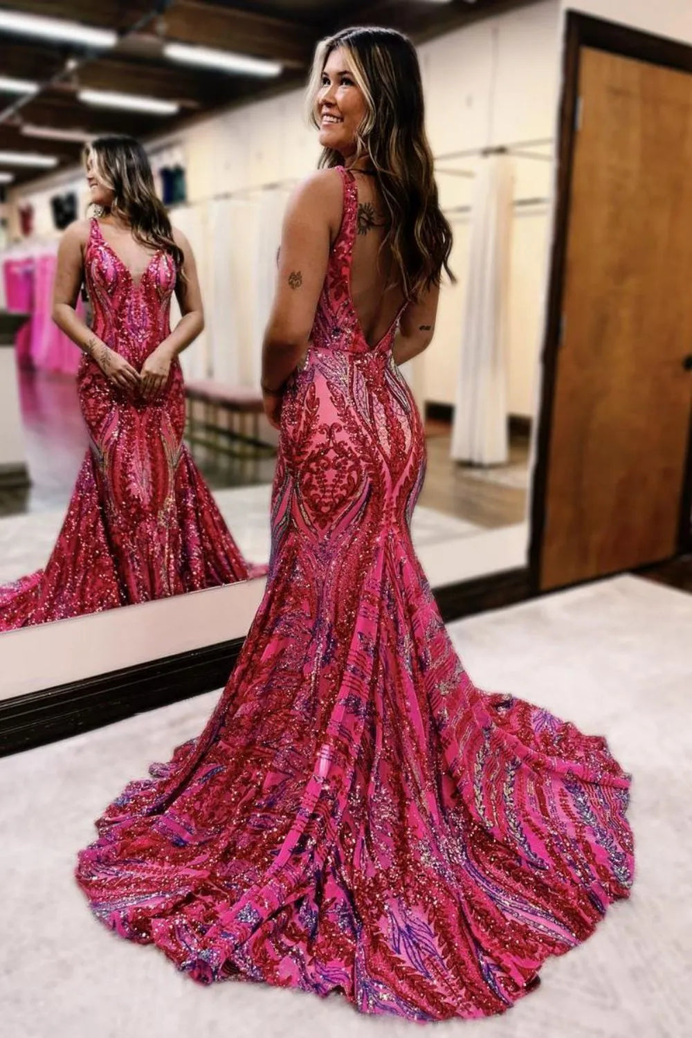 Violet | Sequin Open Back V Neck Mermaid Prom Dress