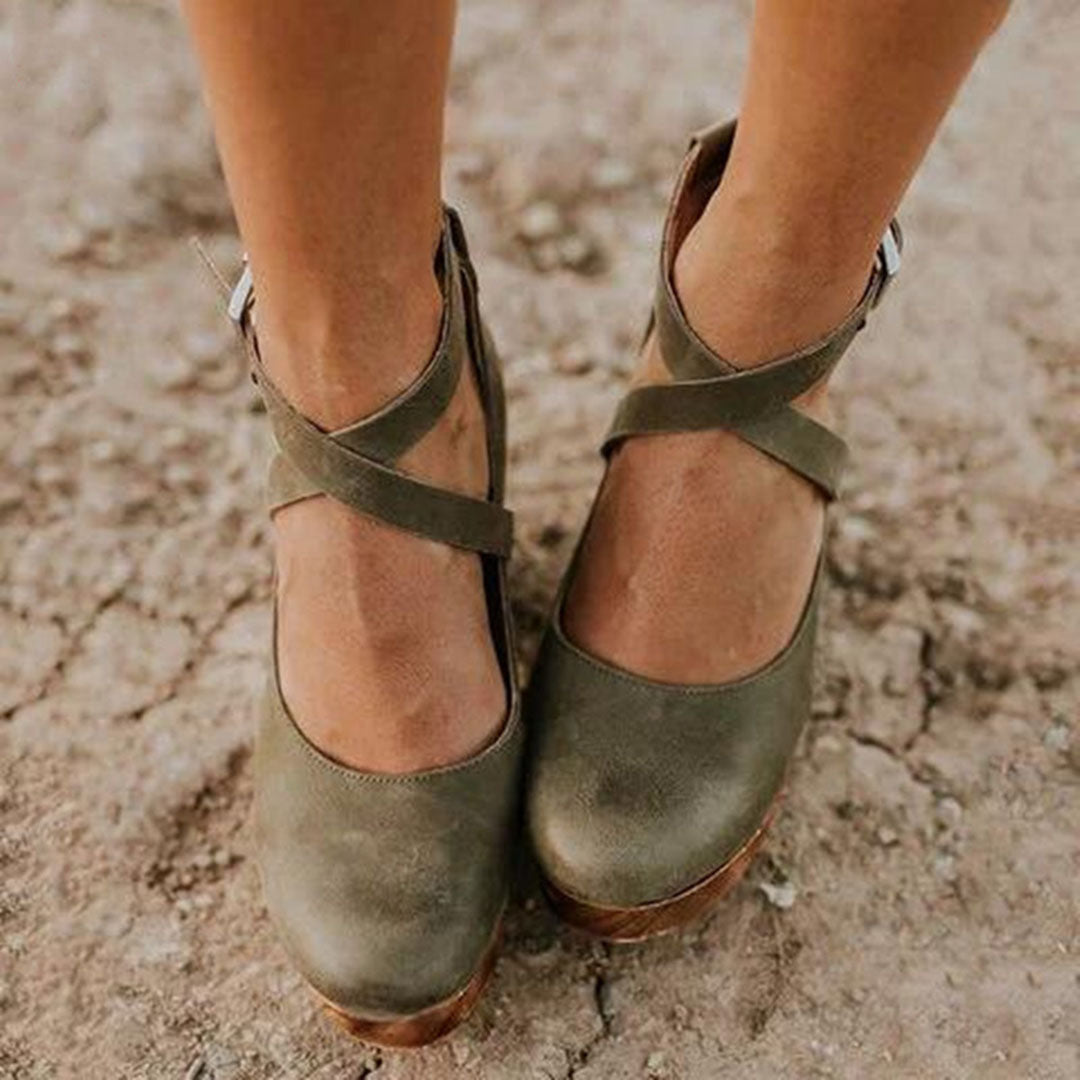 Reese | Crossover Ankle Strap Wooden Wedge Heels