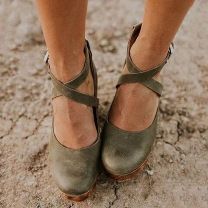 Reese | Crossover Ankle Strap Wooden Wedge Heels
