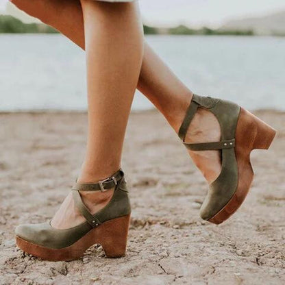 Reese | Crossover Ankle Strap Wooden Wedge Heels