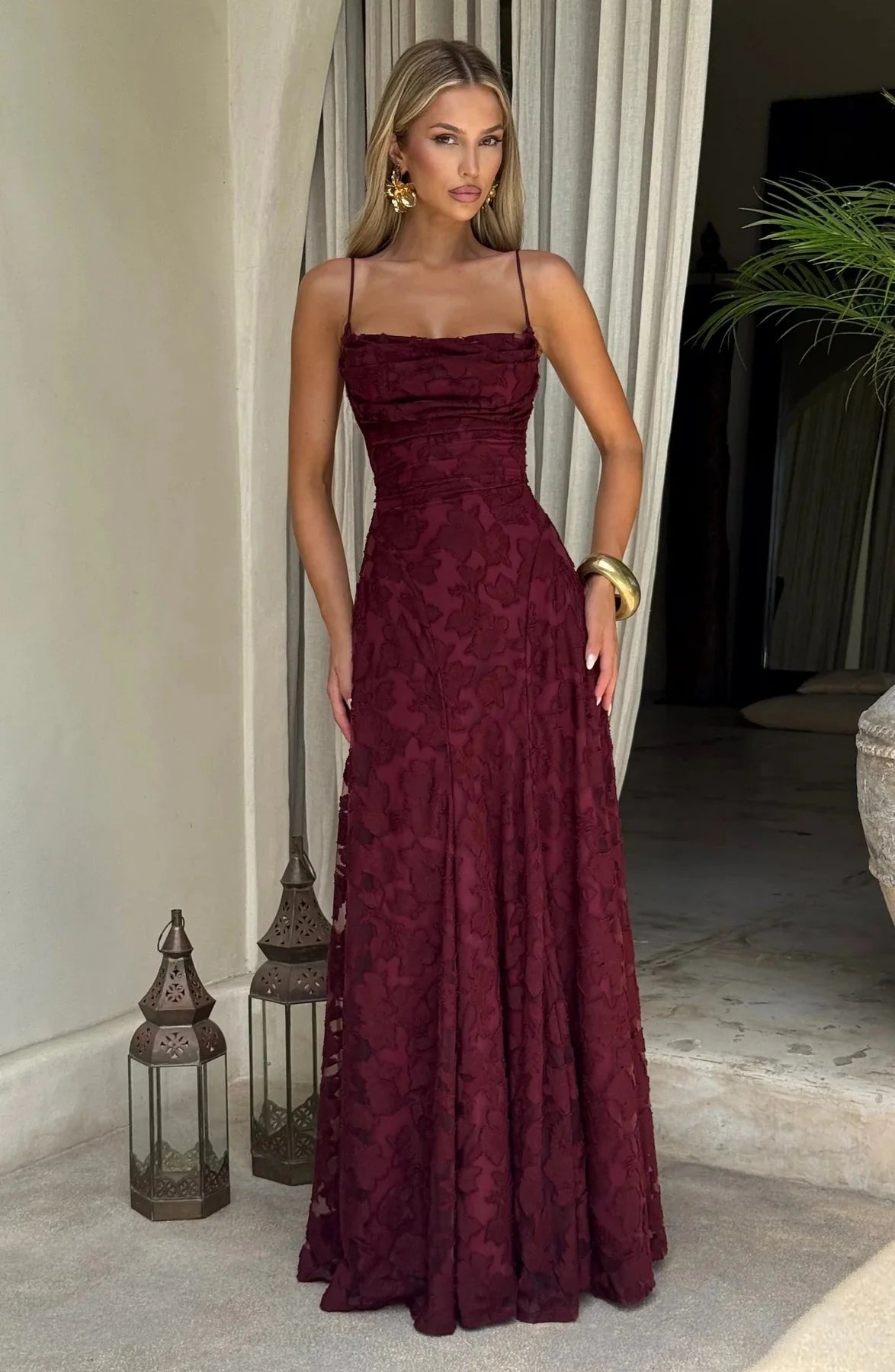 Margot | Floral Lace Up Back Wedding Guest Maxi Dress