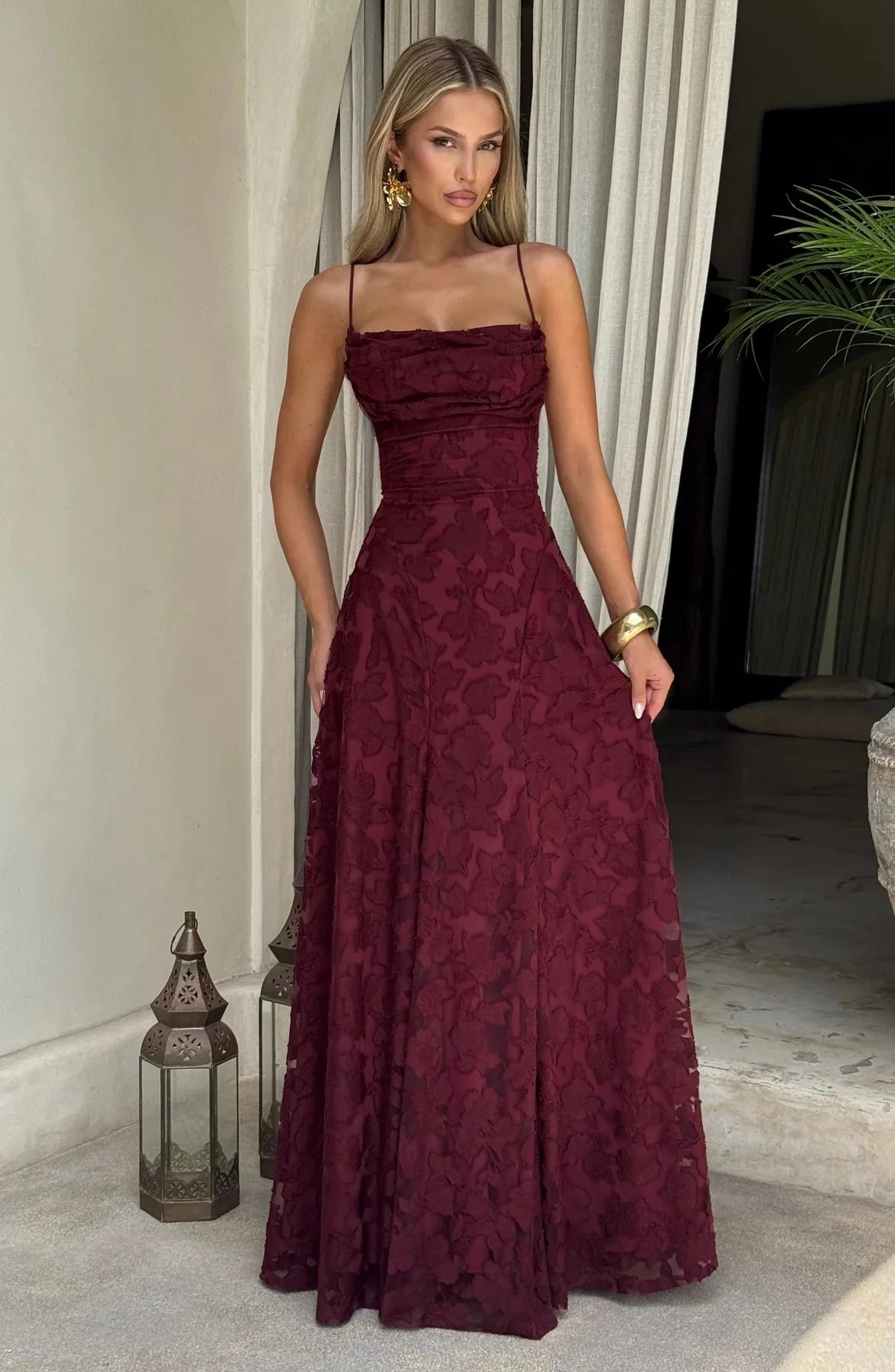 Margot | Floral Lace Up Back Wedding Guest Maxi Dress