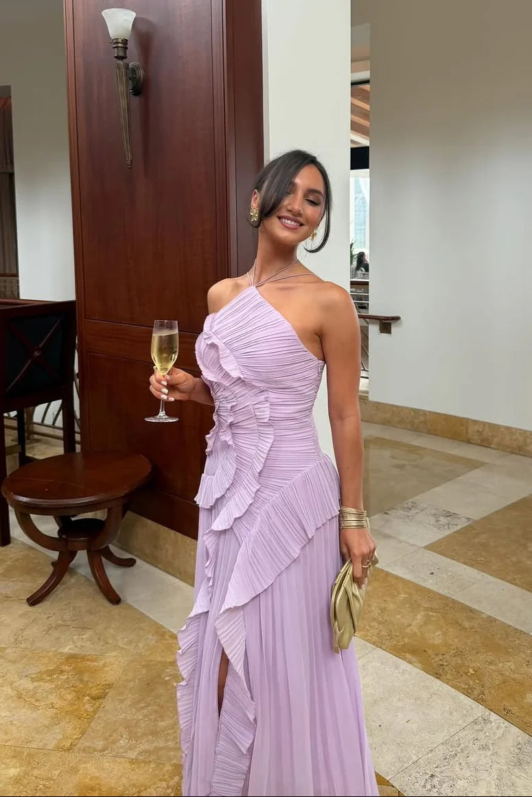 Serena | Pleated Ruffle Halter Wedding Guest Maxi Dress