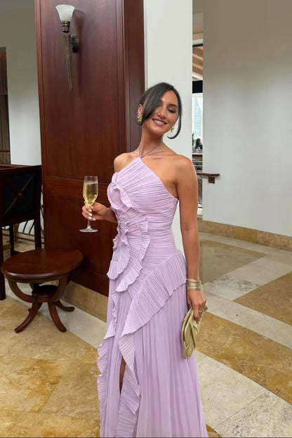 Serena | Pleated Ruffle Halter Wedding Guest Maxi Dress