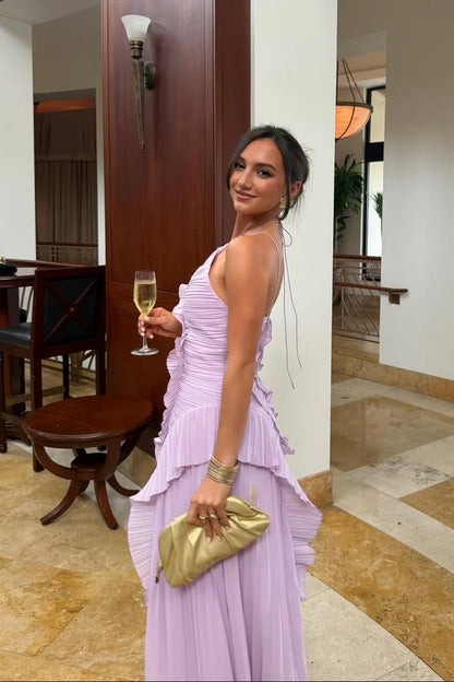 Serena | Pleated Ruffle Halter Wedding Guest Maxi Dress
