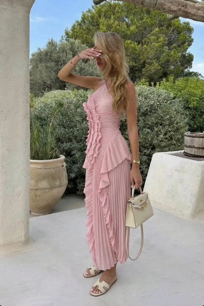 Serena | Pleated Ruffle Halter Wedding Guest Maxi Dress