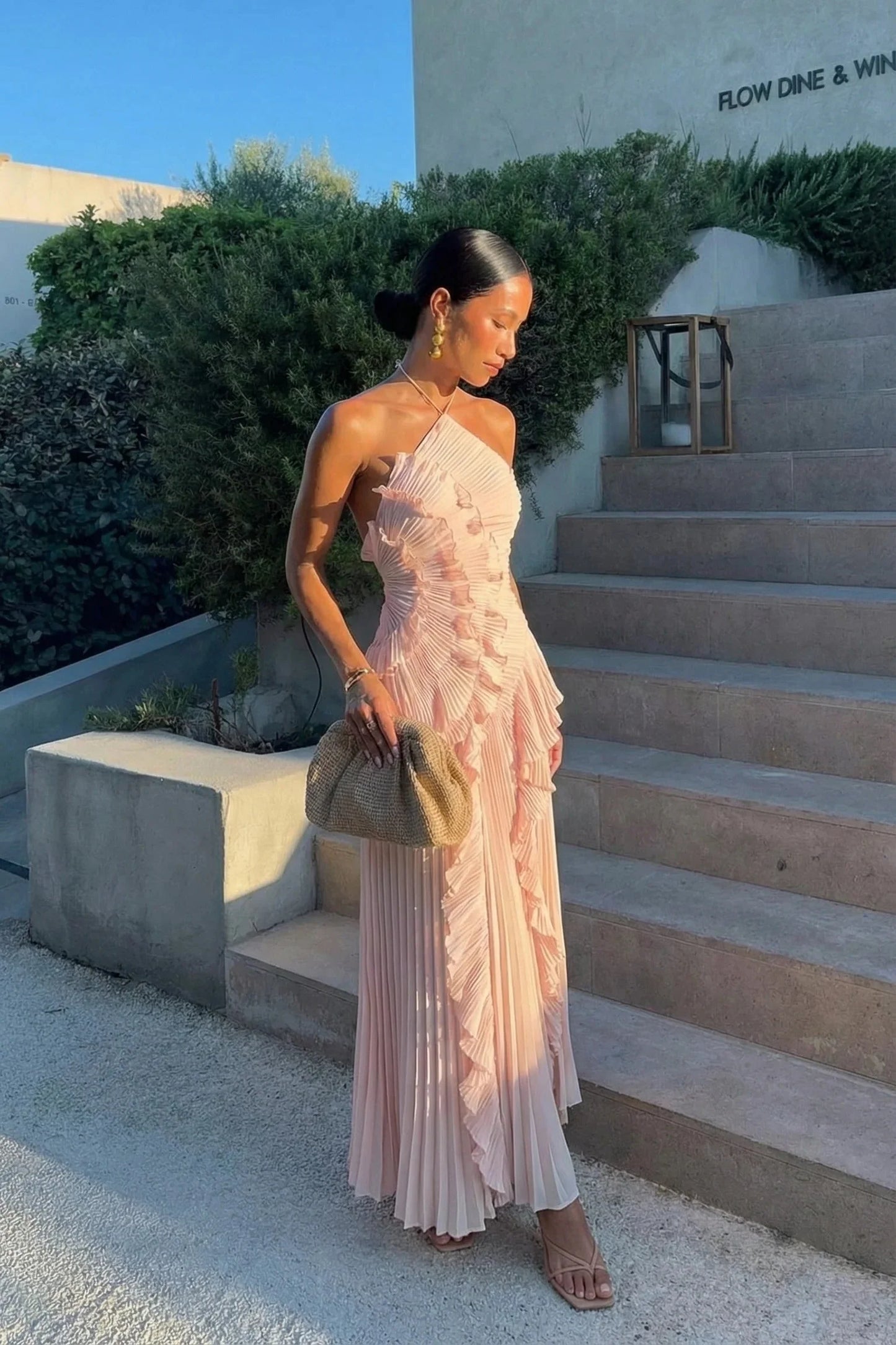 Serena | Pleated Ruffle Halter Wedding Guest Maxi Dress