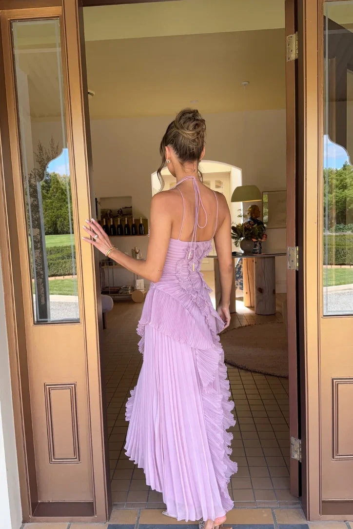 Serena | Pleated Ruffle Halter Wedding Guest Maxi Dress