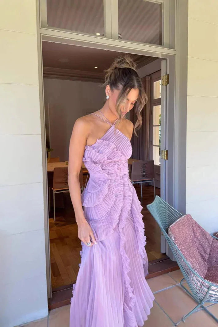 Serena | Pleated Ruffle Halter Wedding Guest Maxi Dress