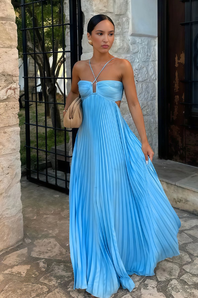 Luna | Halter Pleated Backless Maxi Wedding Guest Dress