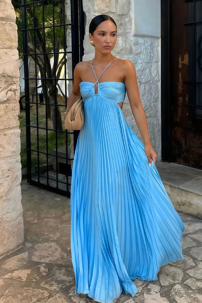 Luna | Halter Pleated Backless Maxi Wedding Guest Dress