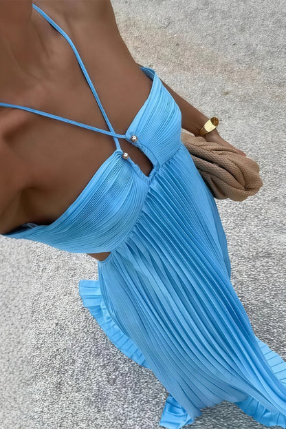 Luna | Halter Pleated Backless Maxi Wedding Guest Dress
