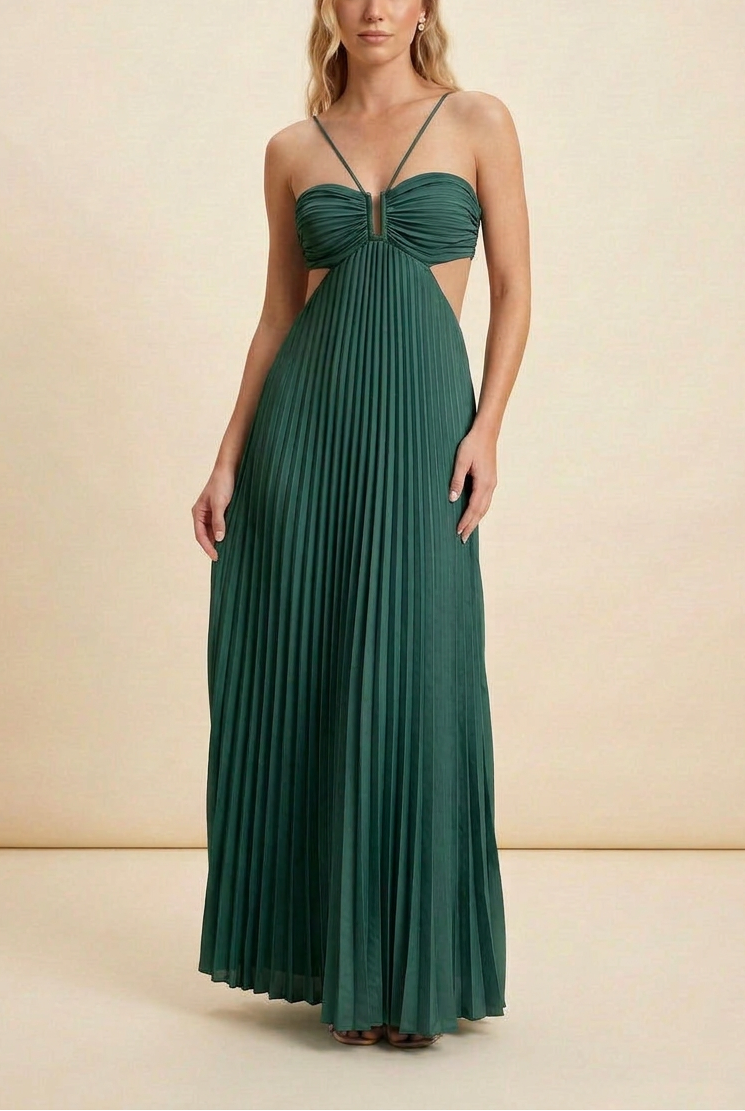 Luna | Halter Pleated Backless Maxi Wedding Guest Dress
