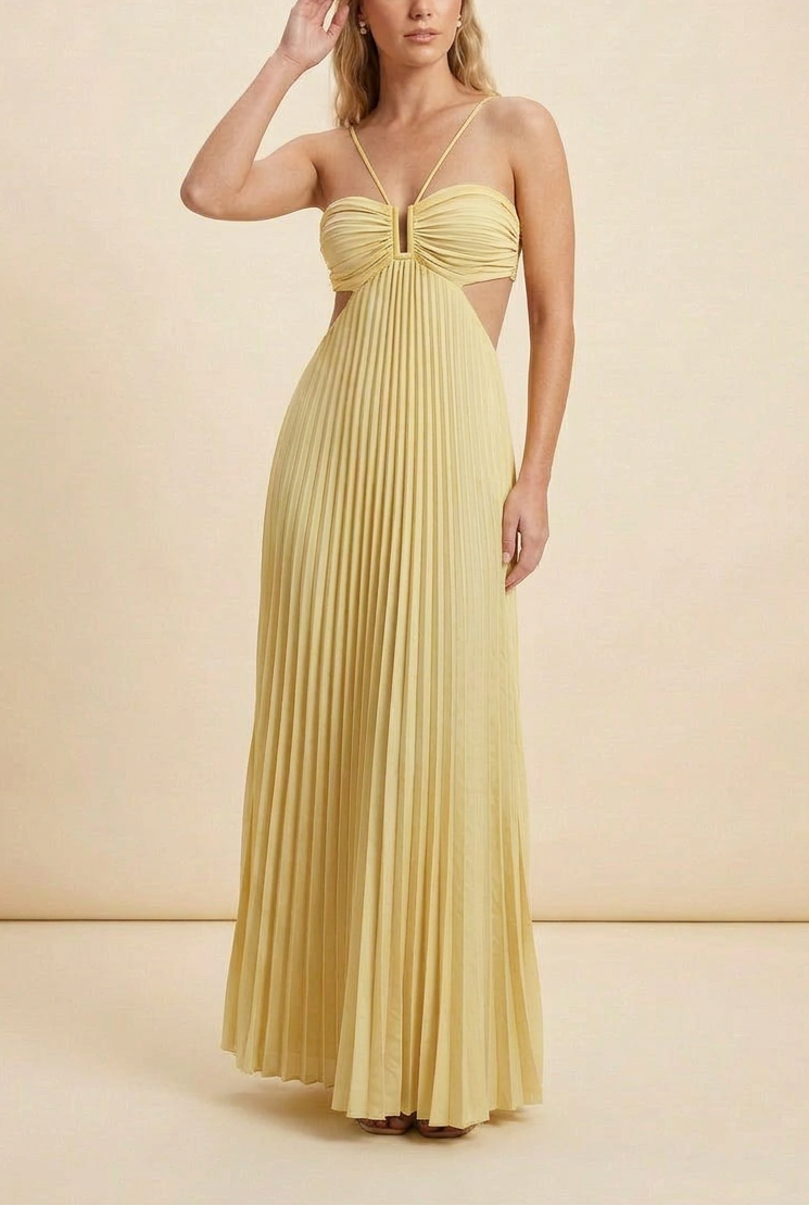 Luna | Halter Pleated Backless Maxi Wedding Guest Dress