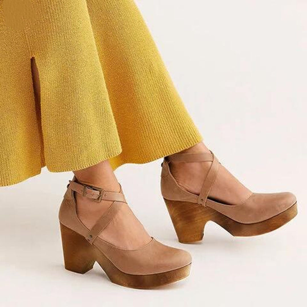Reese | Crossover Ankle Strap Wooden Wedge Heels
