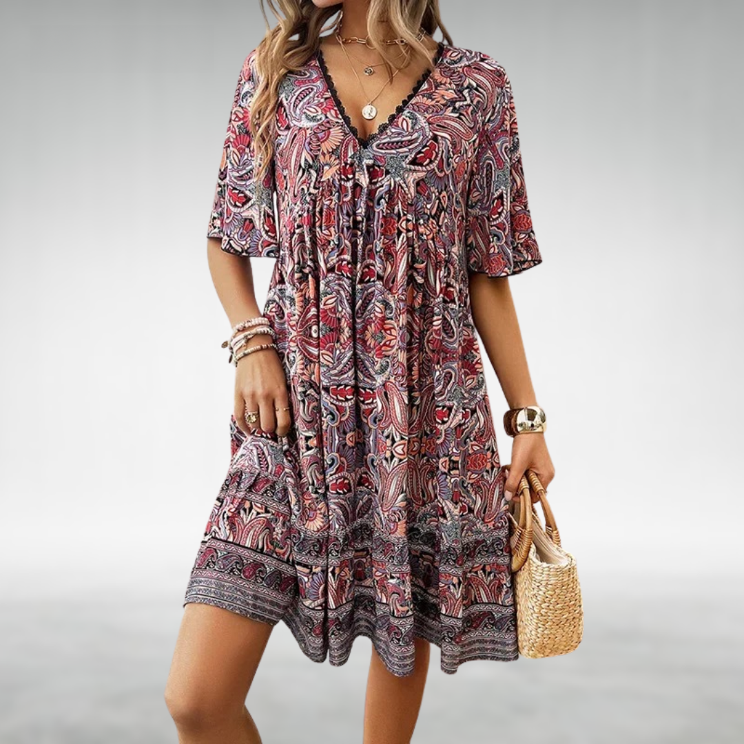 Paisley Lace Trim V Neck Boho Sundress