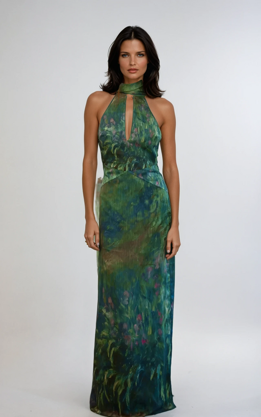 Adrienne | Floral Halter Neck Chiffon Evening Maxi Dress