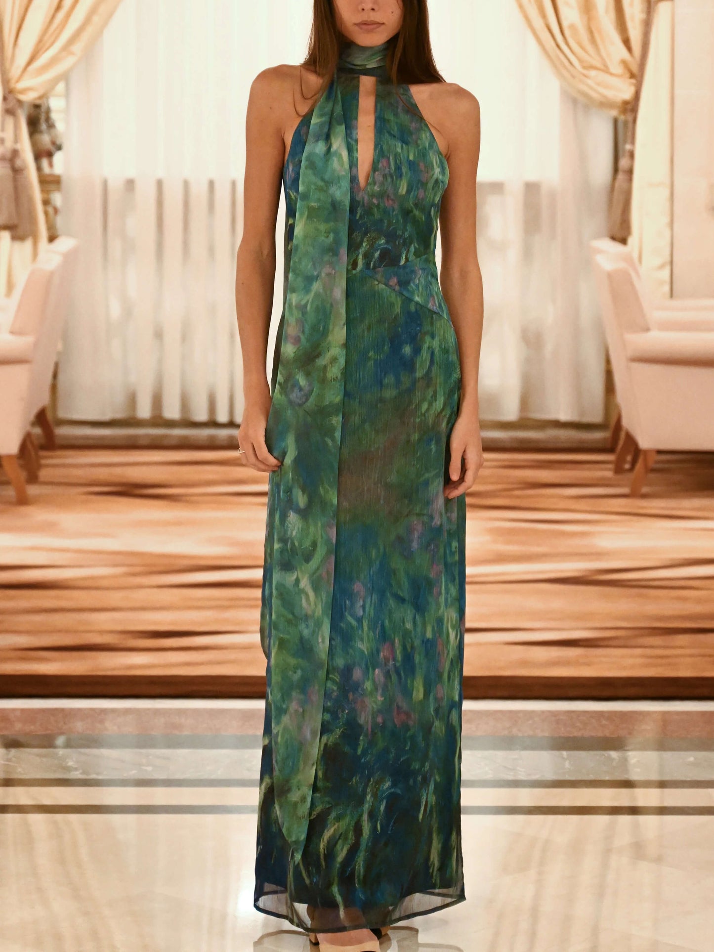 Adrienne | Floral Halter Neck Chiffon Evening Maxi Dress
