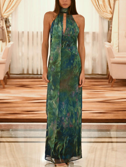 Adrienne | Floral Halter Neck Chiffon Evening Maxi Dress