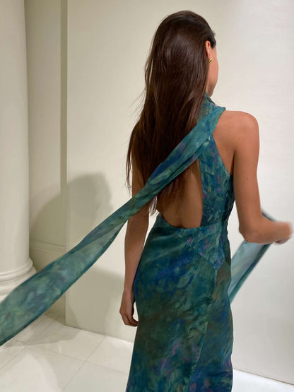 Adrienne | Floral Halter Neck Chiffon Evening Maxi Dress