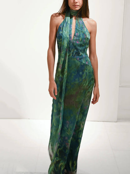 Adrienne | Floral Halter Neck Chiffon Evening Maxi Dress