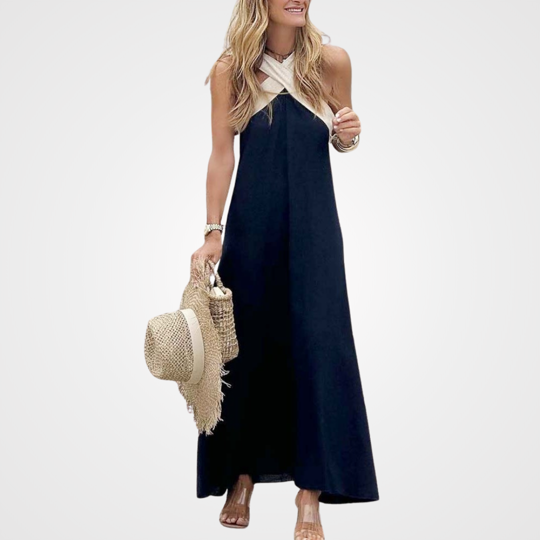 Skye | Linen Cross Halter Neck Maxi Sundress