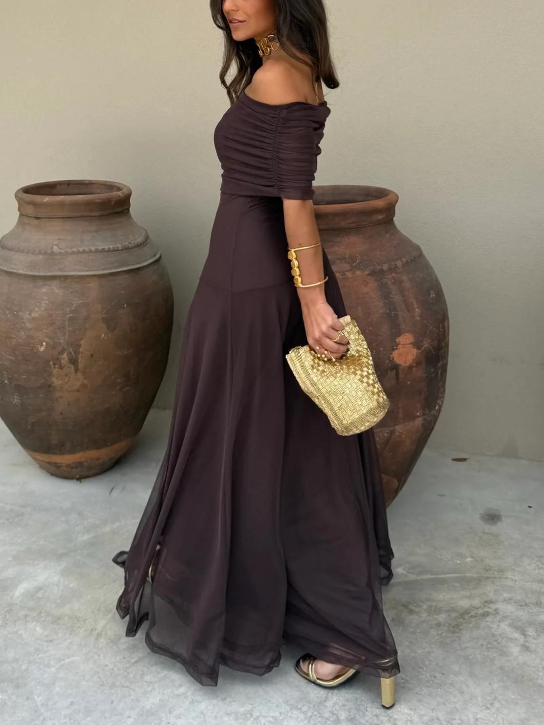 Francesca | Off Shoulder Ruched Chiffon Wedding Guest Maxi Dress