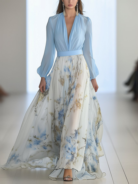 Kira | Floral Print V Neck Chiffon Maxi Dress