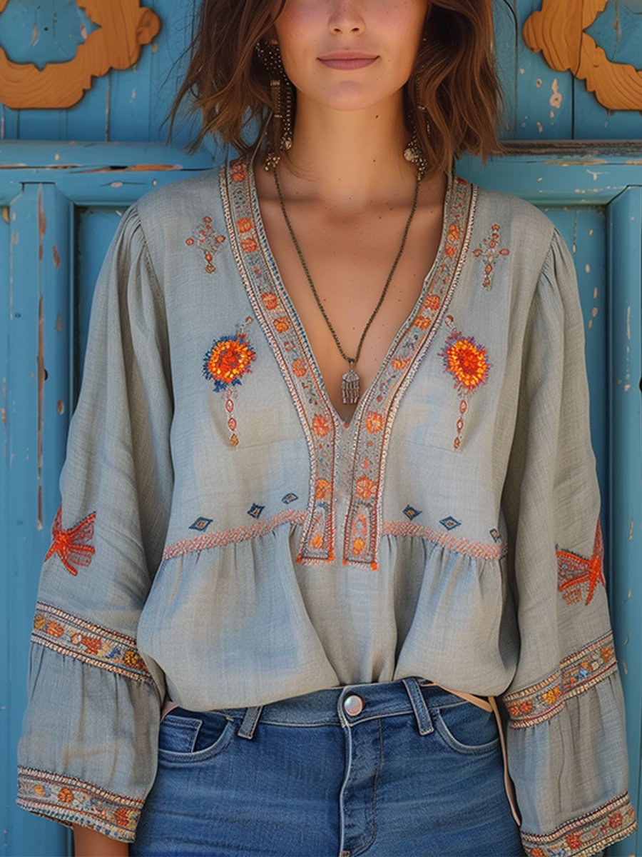 Boho Embroidered V Neck Peasant Blouse