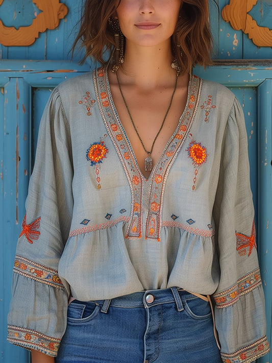 Boho Embroidered V Neck Peasant Blouse