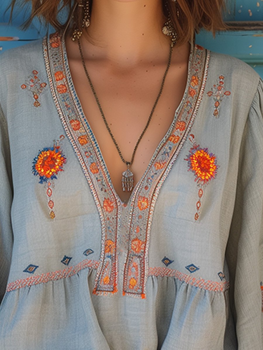 Boho Embroidered V Neck Peasant Blouse