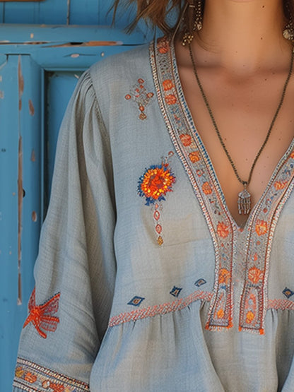 Boho Embroidered V Neck Peasant Blouse