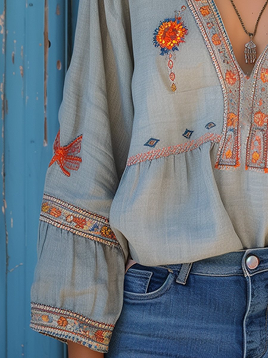 Boho Embroidered V Neck Peasant Blouse