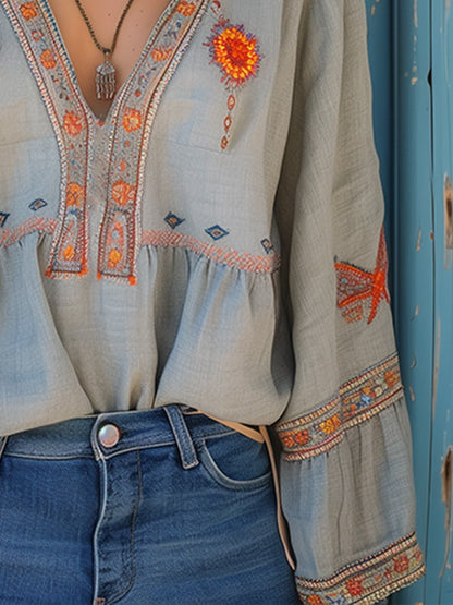 Boho Embroidered V Neck Peasant Blouse