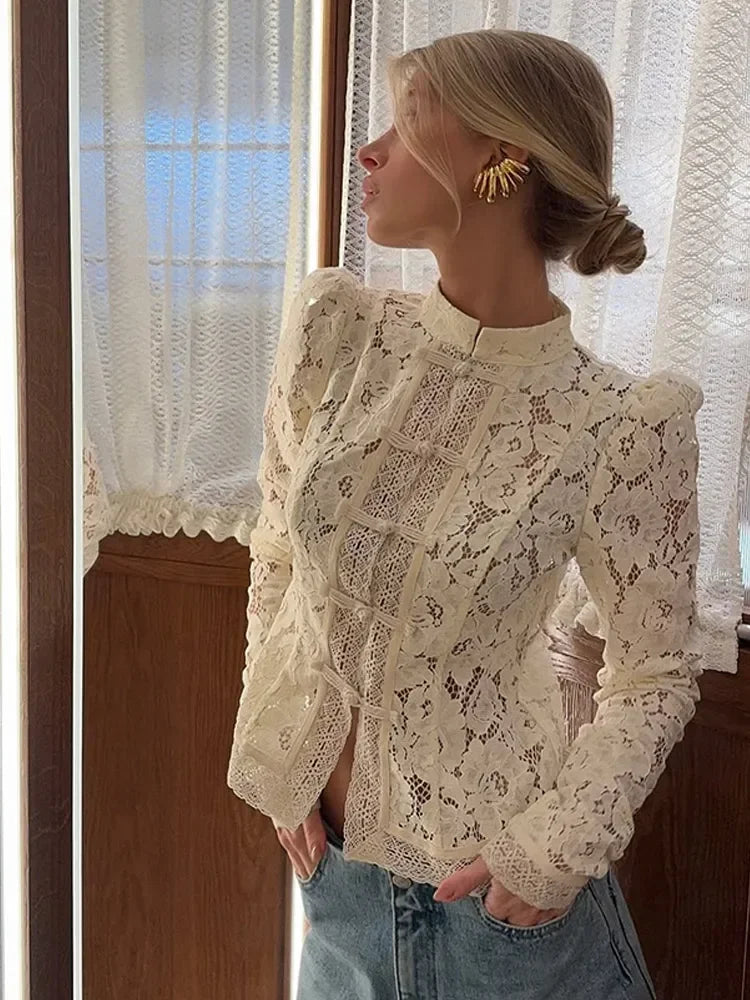 Margaux | Floral Vintage Lace Long Sleeve Fitted Blouse