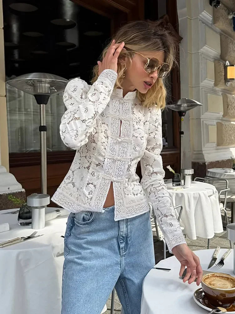 Margaux | Floral Vintage Lace Long Sleeve Fitted Blouse