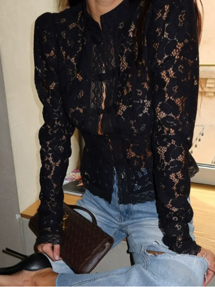 Margaux | Floral Vintage Lace Long Sleeve Fitted Blouse