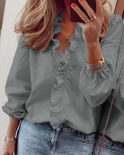 Sophie | Ruffle Front V Neck Long Sleeve Blouse
