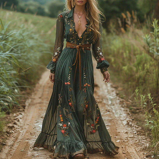 Willa | Floral Embroidered Boho Maxi Dress