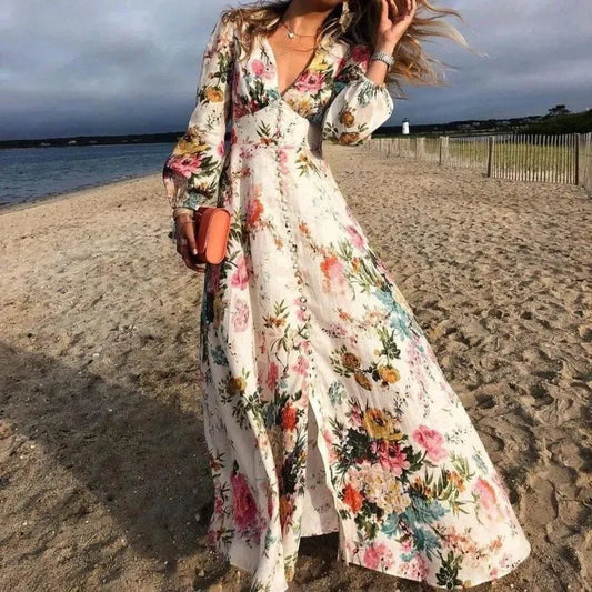 June | Floral Button Front V Neck Maxi Beach Dress