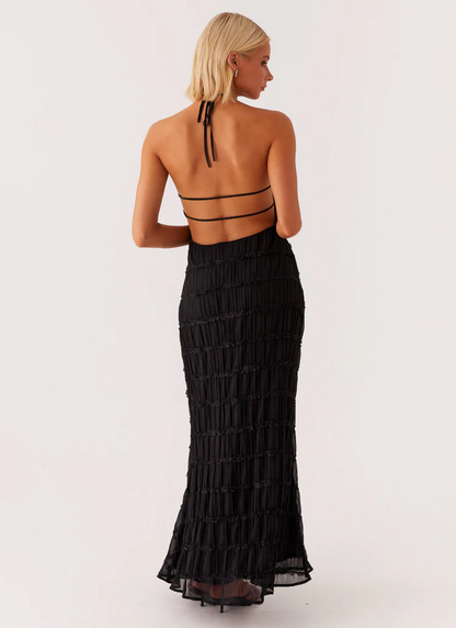 Ava | Pleated Lace Trim Halter Bridesmaid Dress