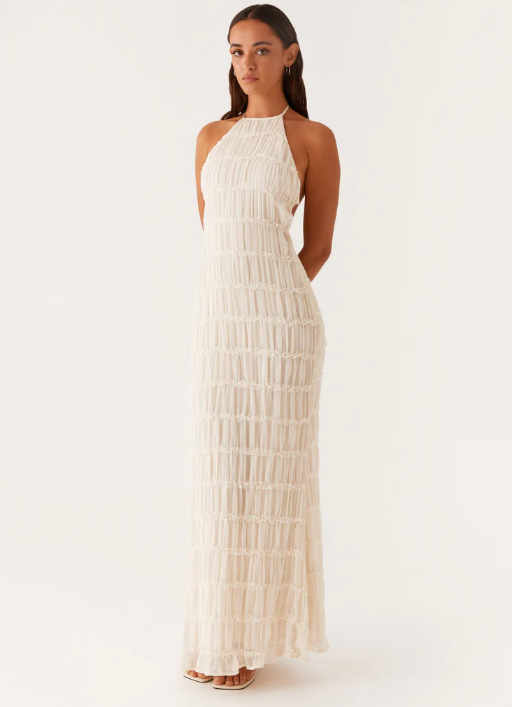 Ava | Pleated Lace Trim Halter Bridesmaid Dress